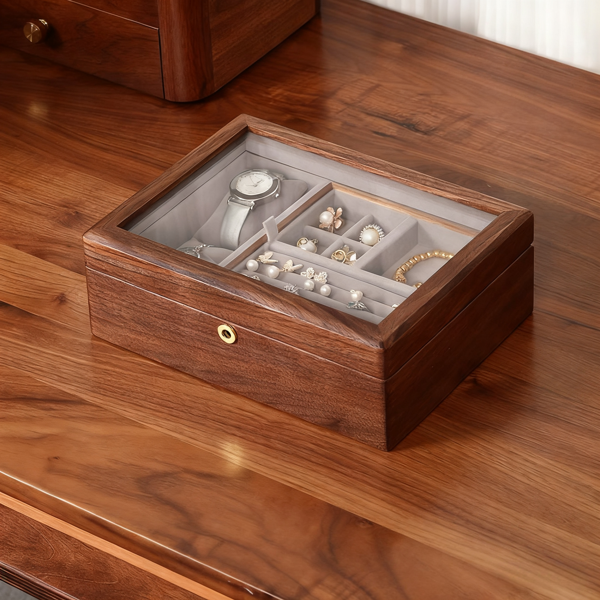 Keeply Walnut Jewelry Box with Glass Top