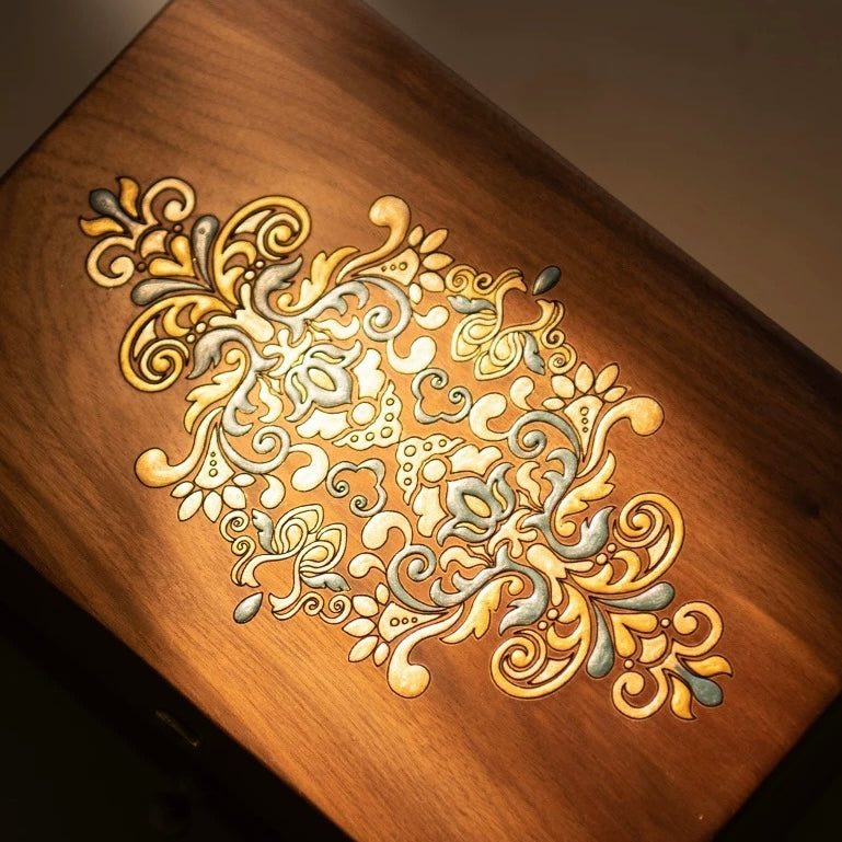 Artistic Painted Lockable Walnut Jewelry Box