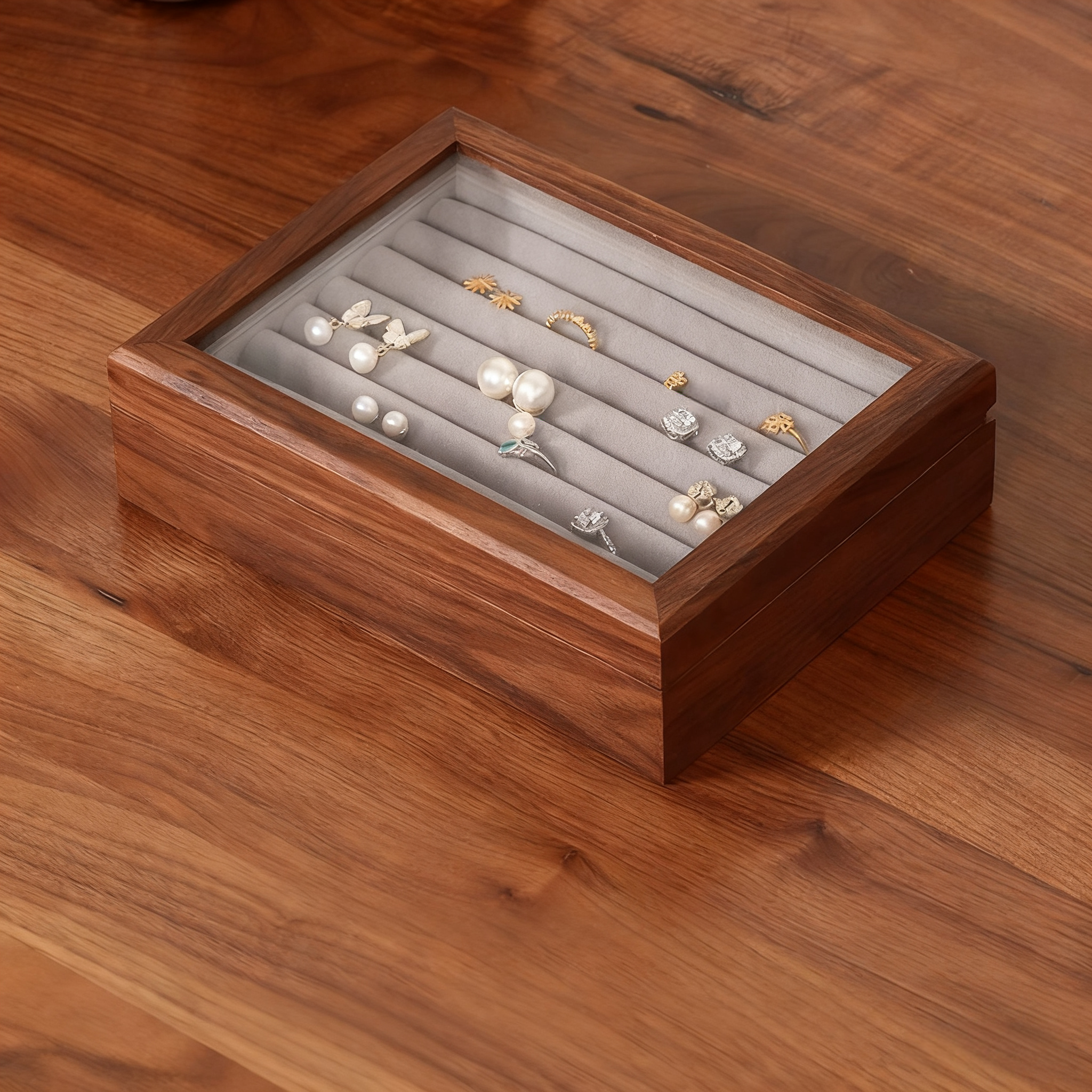 Keeply Walnut Jewelry Box with Glass Top
