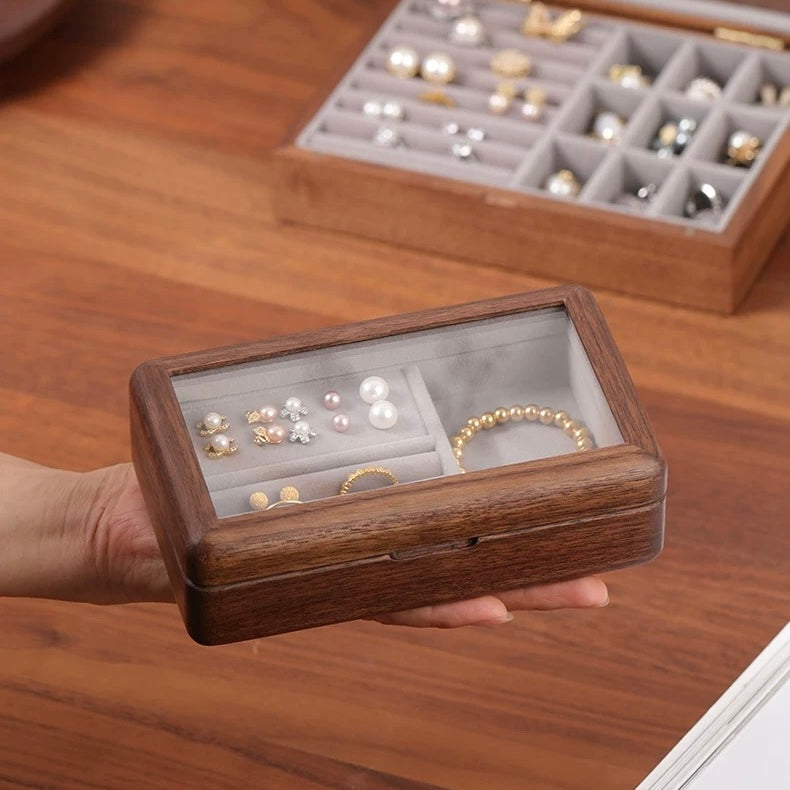 Keeply Walnut Jewelry Box with Glass Top