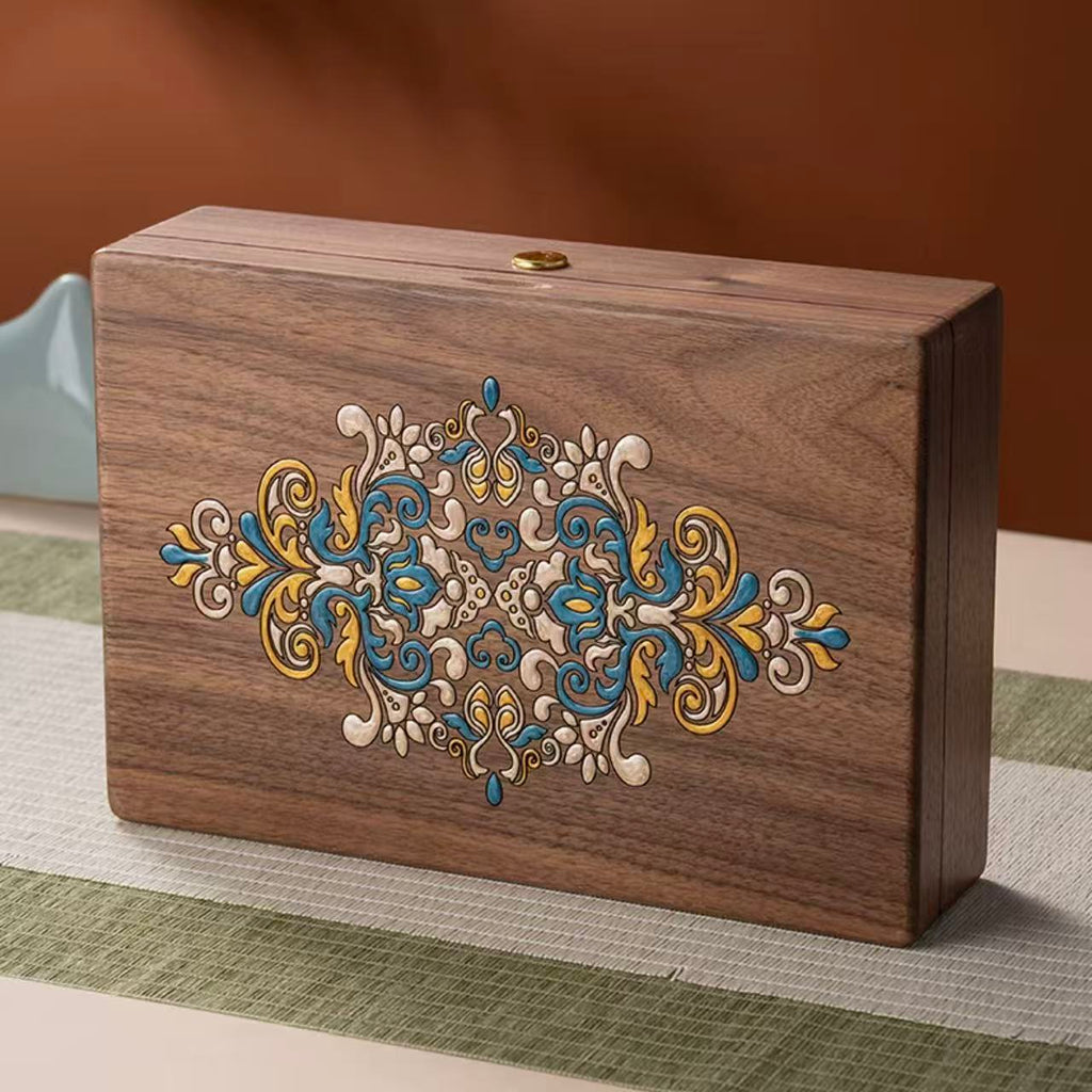 Artistic Painted Lockable Walnut Jewelry Box