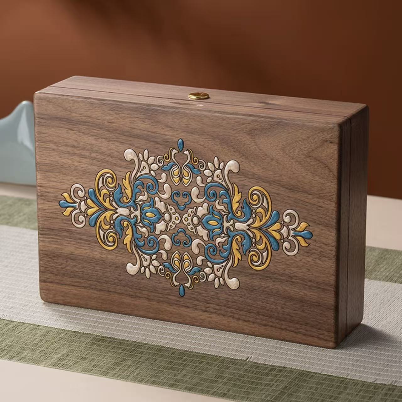 Artistic Painted Lockable Walnut Jewelry Box