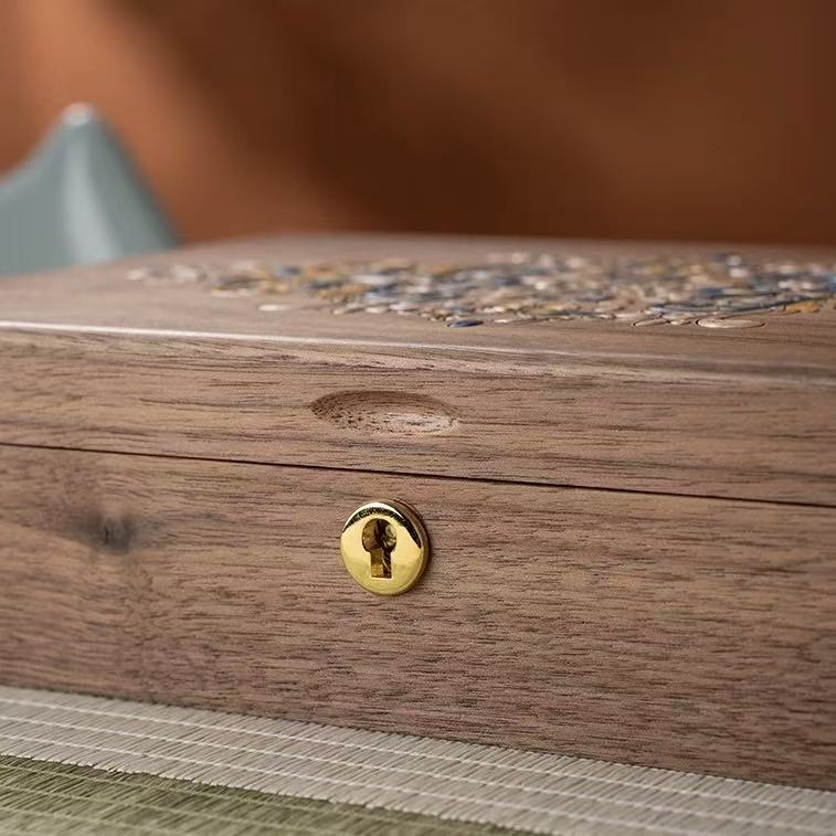 Artistic Painted Lockable Walnut Jewelry Box
