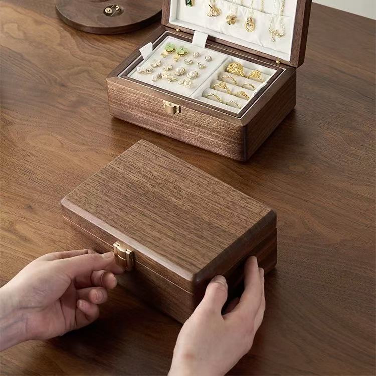 Velvet Walnut Minimalist Two-Layer Jewelry Box
