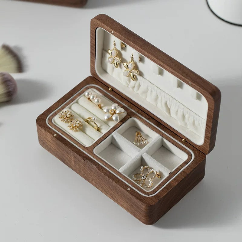 Lyra Walnut Velvet Double-Layer Jewelry Box