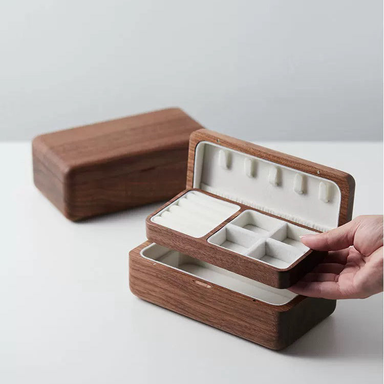 Lyra Walnut Velvet Double-Layer Jewelry Box