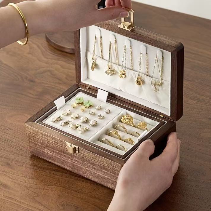 Velvet Walnut Minimalist Two-Layer Jewelry Box