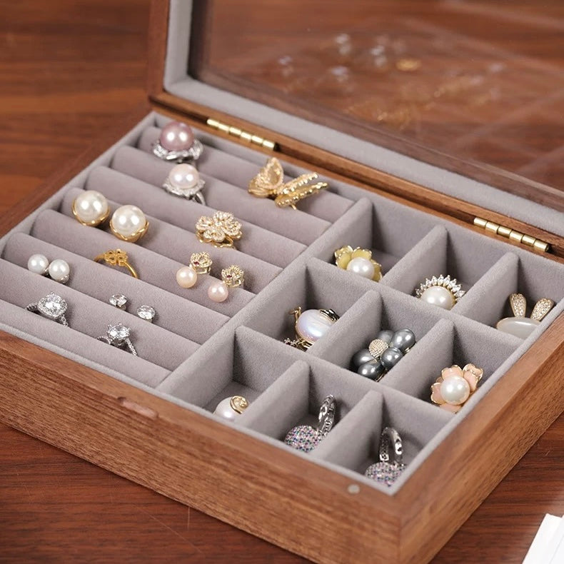 Keeply Walnut Jewelry Box with Glass Top