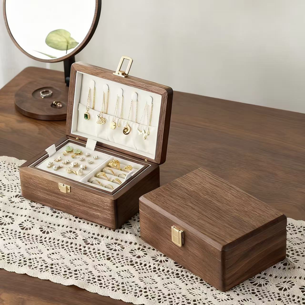 Velvet Walnut Minimalist Two-Layer Jewelry Box
