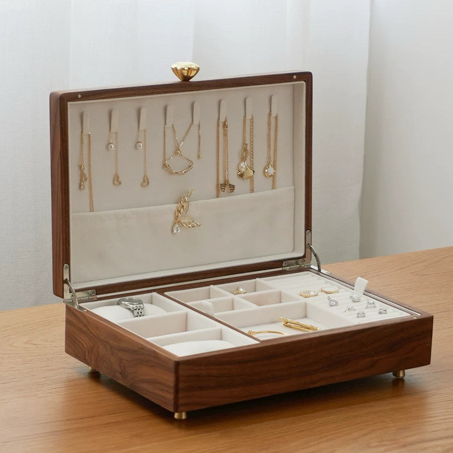 Aurelin Solid Walnut Double-Layer Jewelry Box