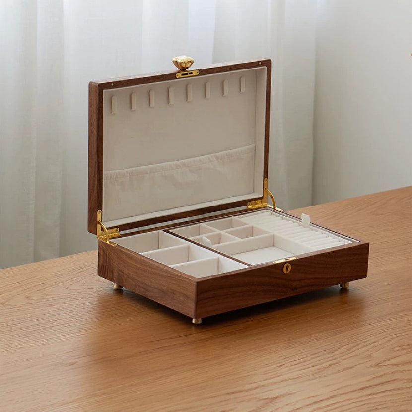 Aurelin Solid Walnut Double-Layer Jewelry Box