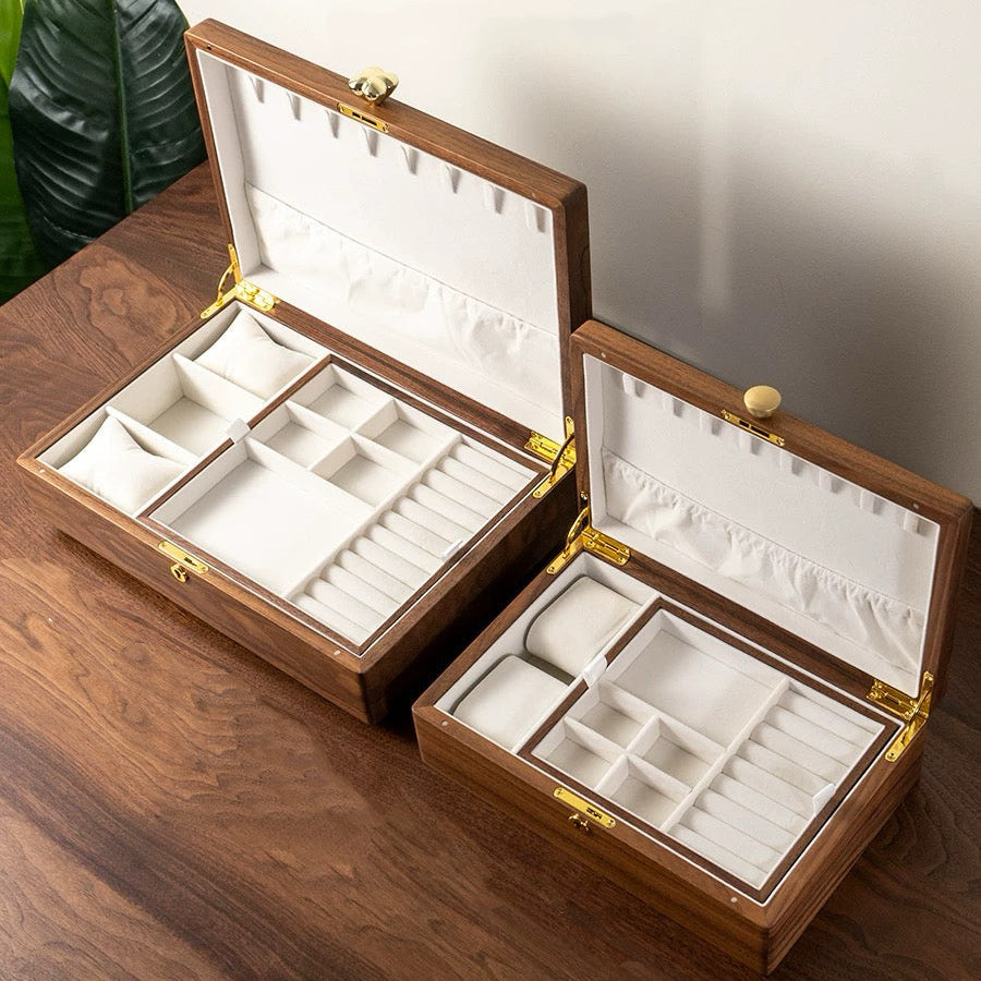 Aurelin Solid Walnut Double-Layer Jewelry Box