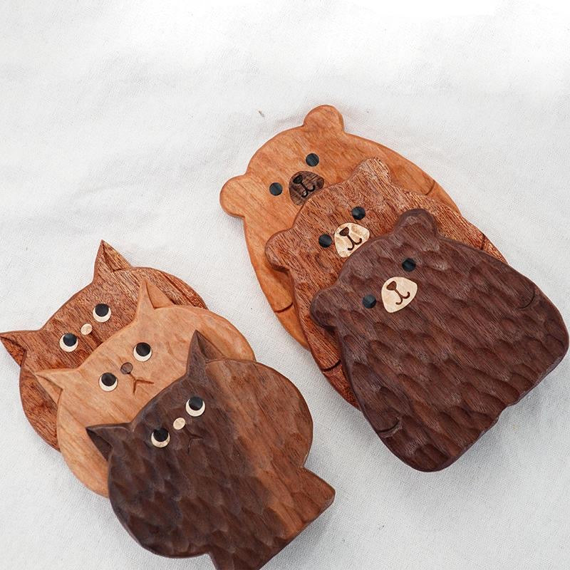 Little Bear/Cat Handcrafted Walnut Coasters