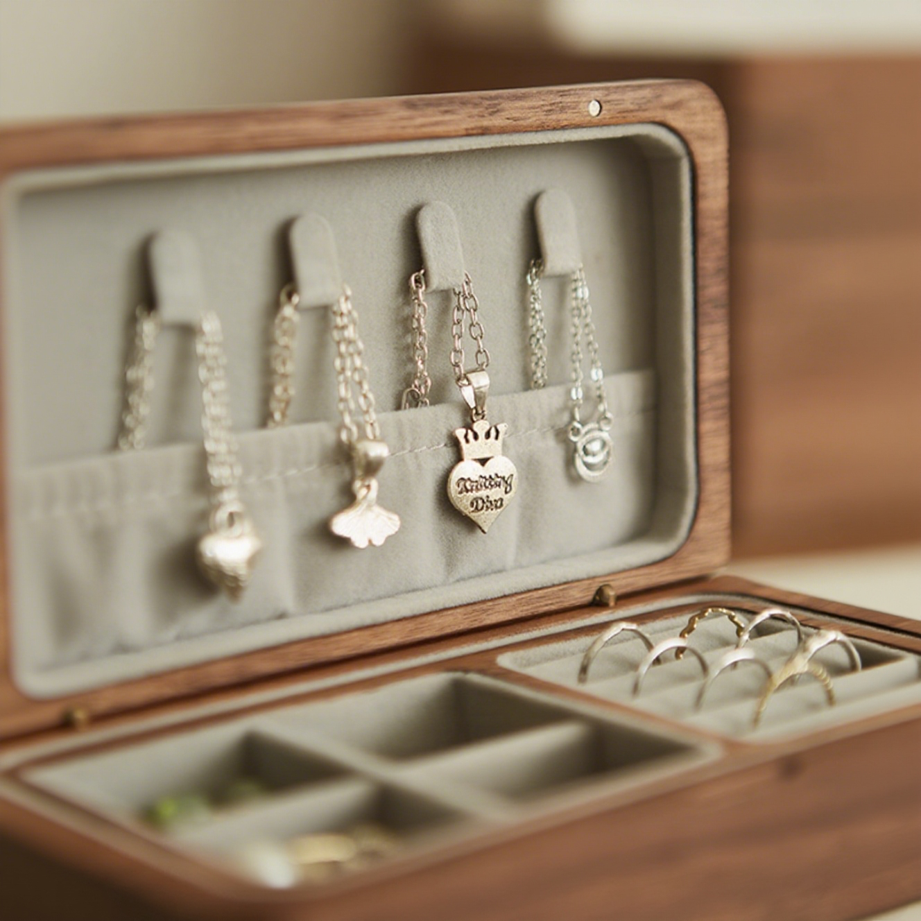 Lyra Walnut Velvet Double-Layer Jewelry Box