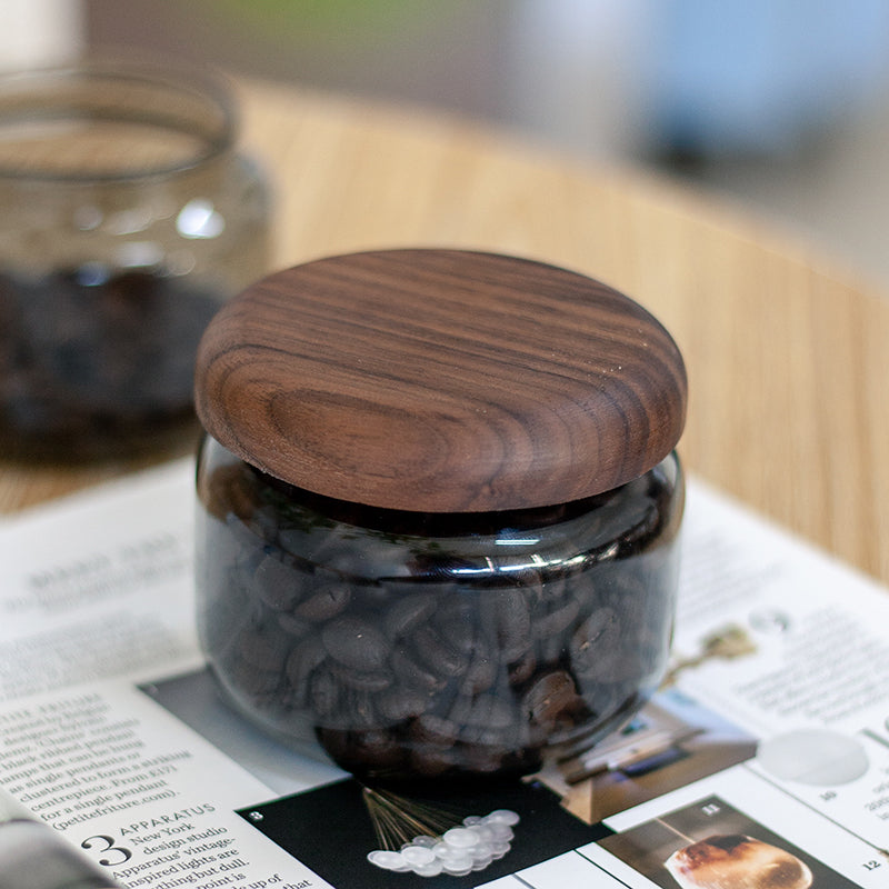 Beanery Coffee Bean Glass Canister with Black Walnut Lid