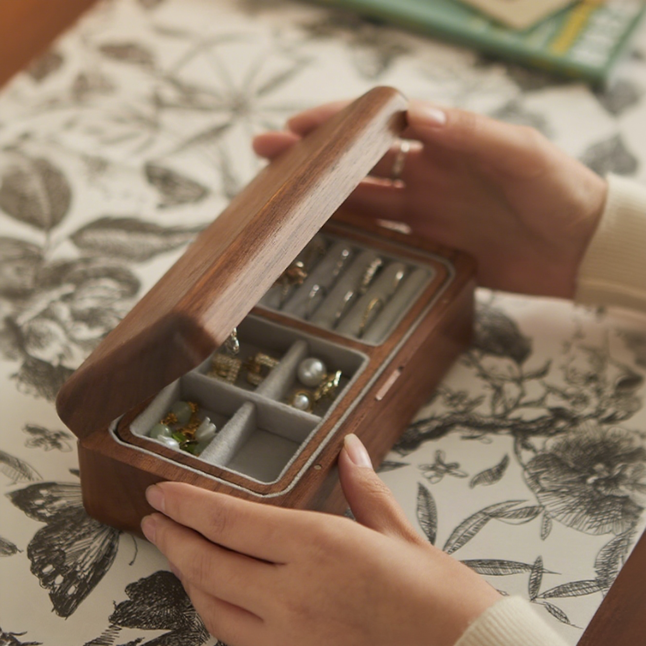 Lyra Walnut Velvet Double-Layer Jewelry Box