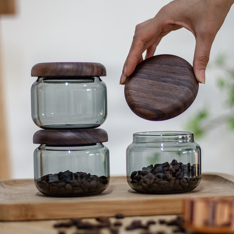 Beanery Coffee Bean Glass Canister with Black Walnut Lid
