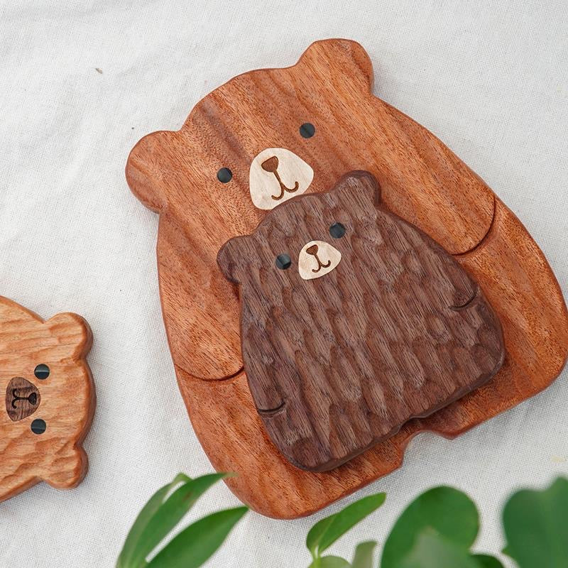 Little Bear/Cat Handcrafted Walnut Coasters