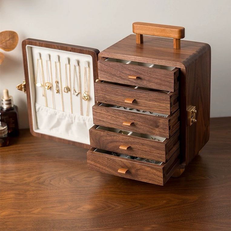Suitcase Solid Wood Jewelry Box with 5 Drawers