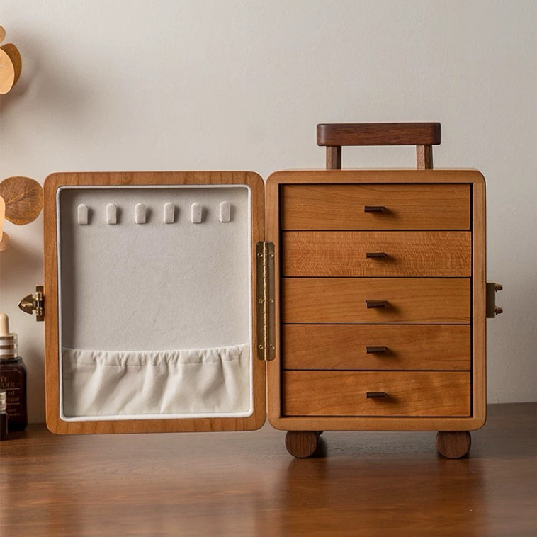 Suitcase Solid Wood Jewelry Box with 5 Drawers