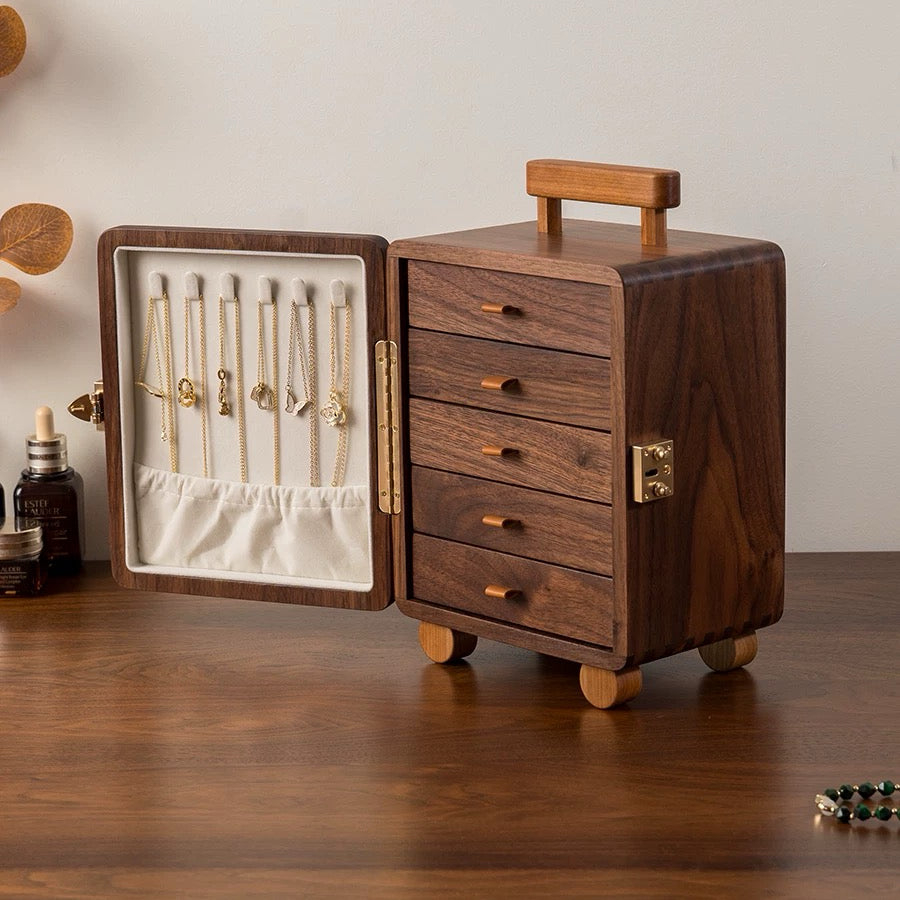 Suitcase Solid Wood Jewelry Box with 5 Drawers