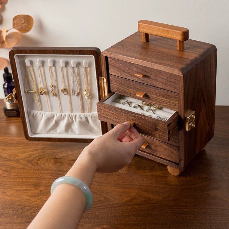 Suitcase Solid Wood Jewelry Box with 5 Drawers
