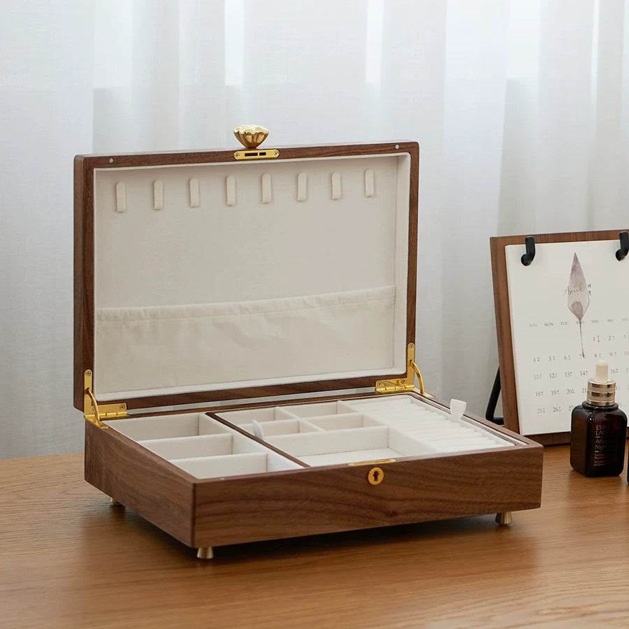 Aurelin Solid Walnut Double-Layer Jewelry Box