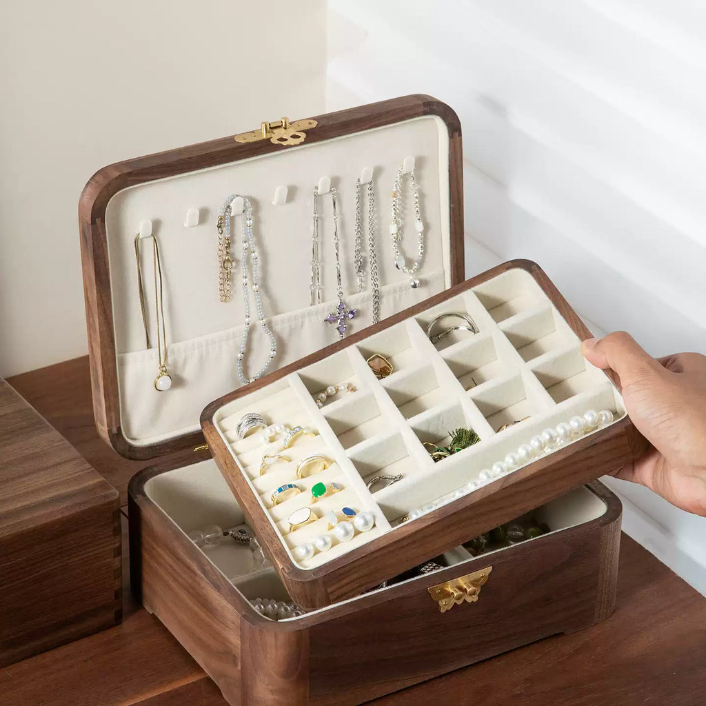 Lunaria Double-Layer Walnut Jewelry Box with Handle