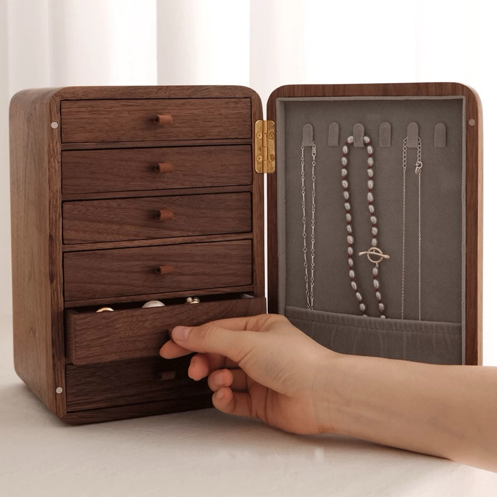 Artora Black Walnut Jewelry Box with Decorative Front Panel