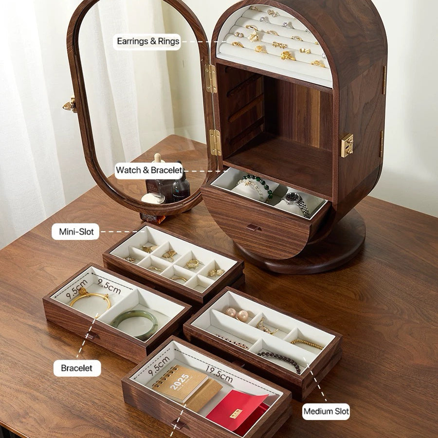 Solenne 360° Rotating Walnut Jewelry Cabinet with Vanity Mirror