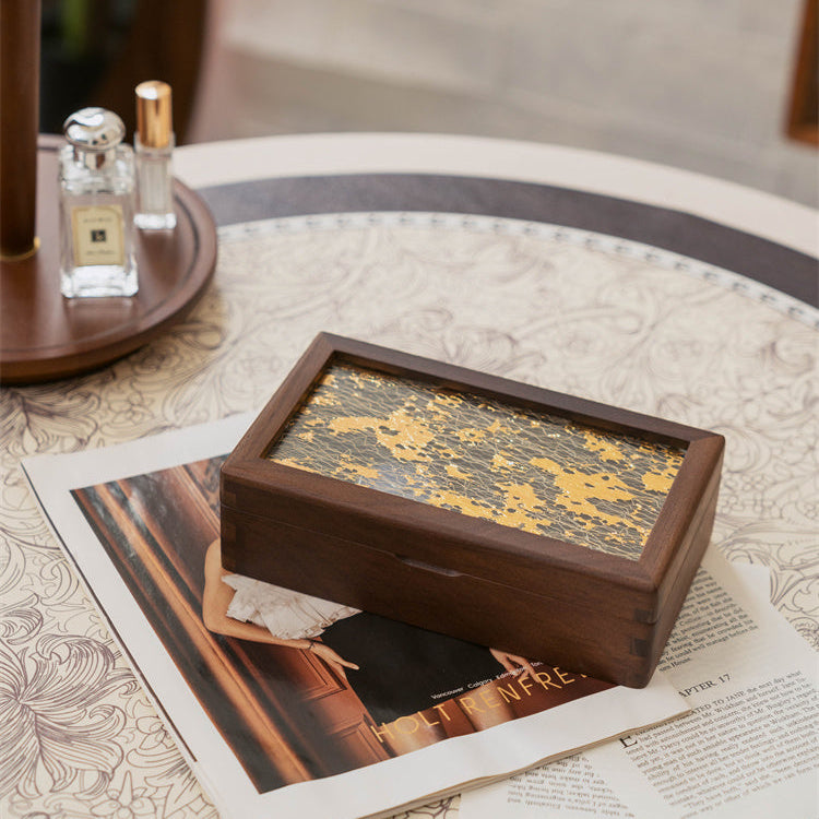 Suntrace Solid Walnut Jewelry Box with Art Laminated Tempered Glass
