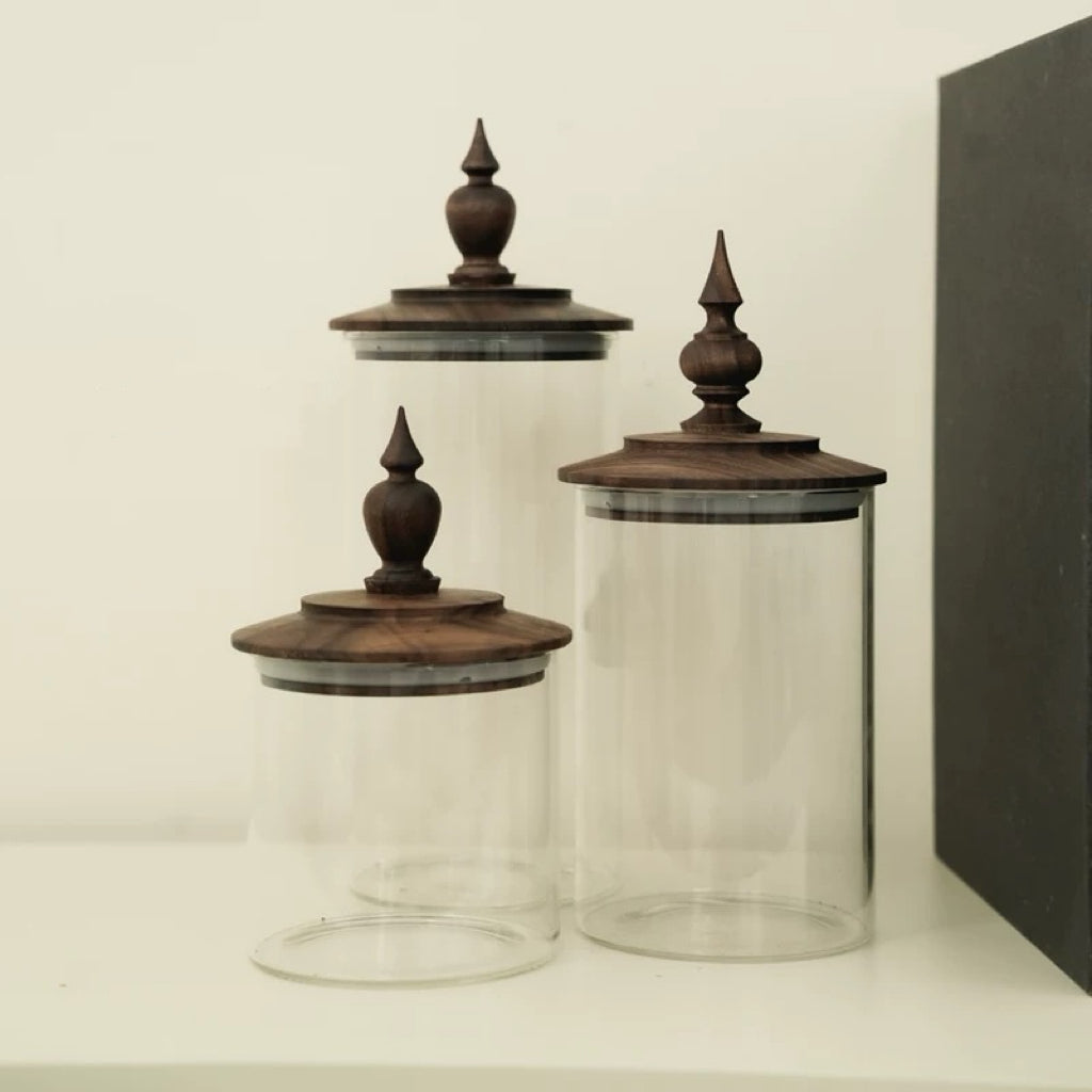 Medieval Retro Style Glass Canister with Walnut Lid