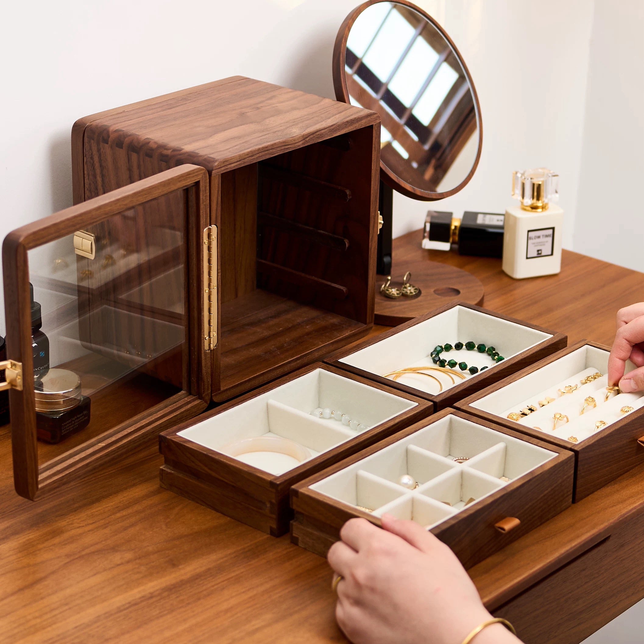Glintia Black Walnut 360° Rotating Dual-Sided Jewelry Box