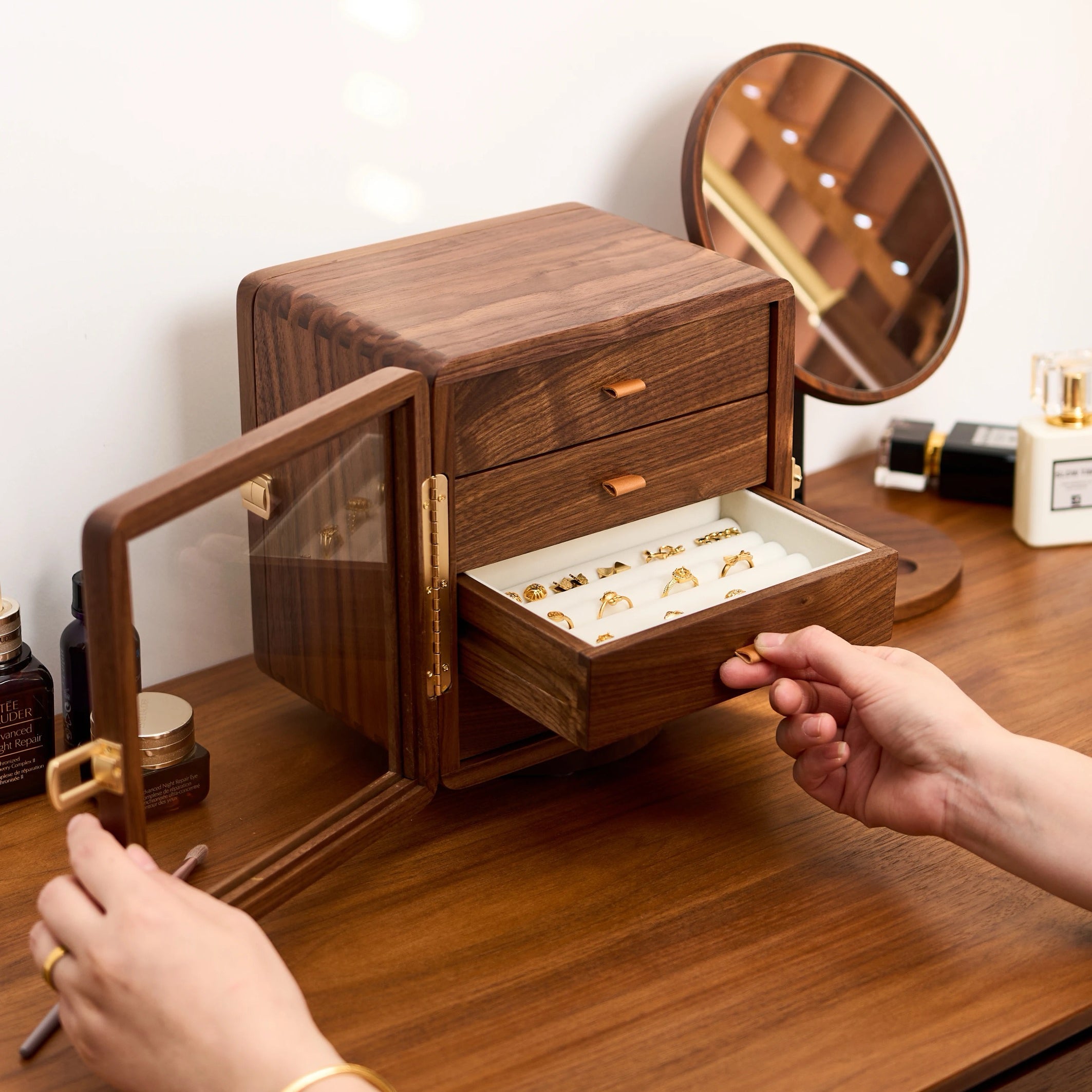 Glintia Black Walnut 360° Rotating Dual-Sided Jewelry Box