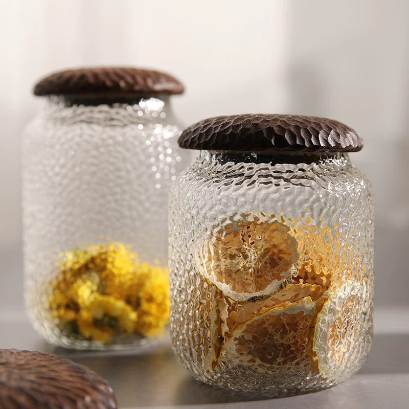 Haven Walnut Glass Coffee Containers with Hammered Seal