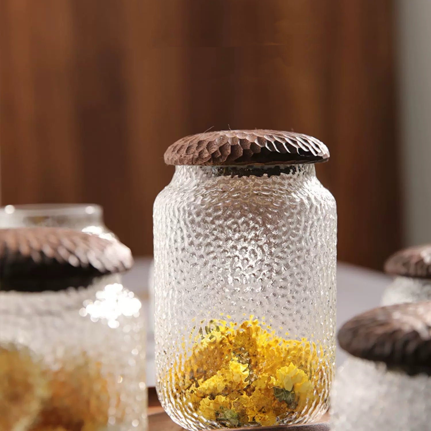 Haven Walnut Glass Coffee Containers with Hammered Seal