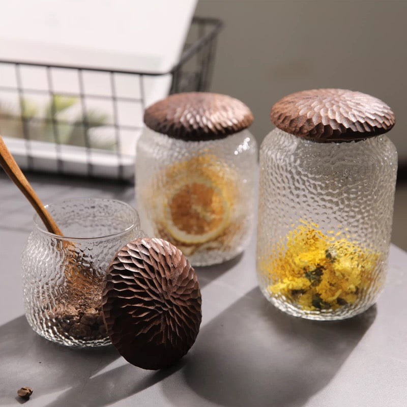 Haven Walnut Glass Coffee Containers with Hammered Seal