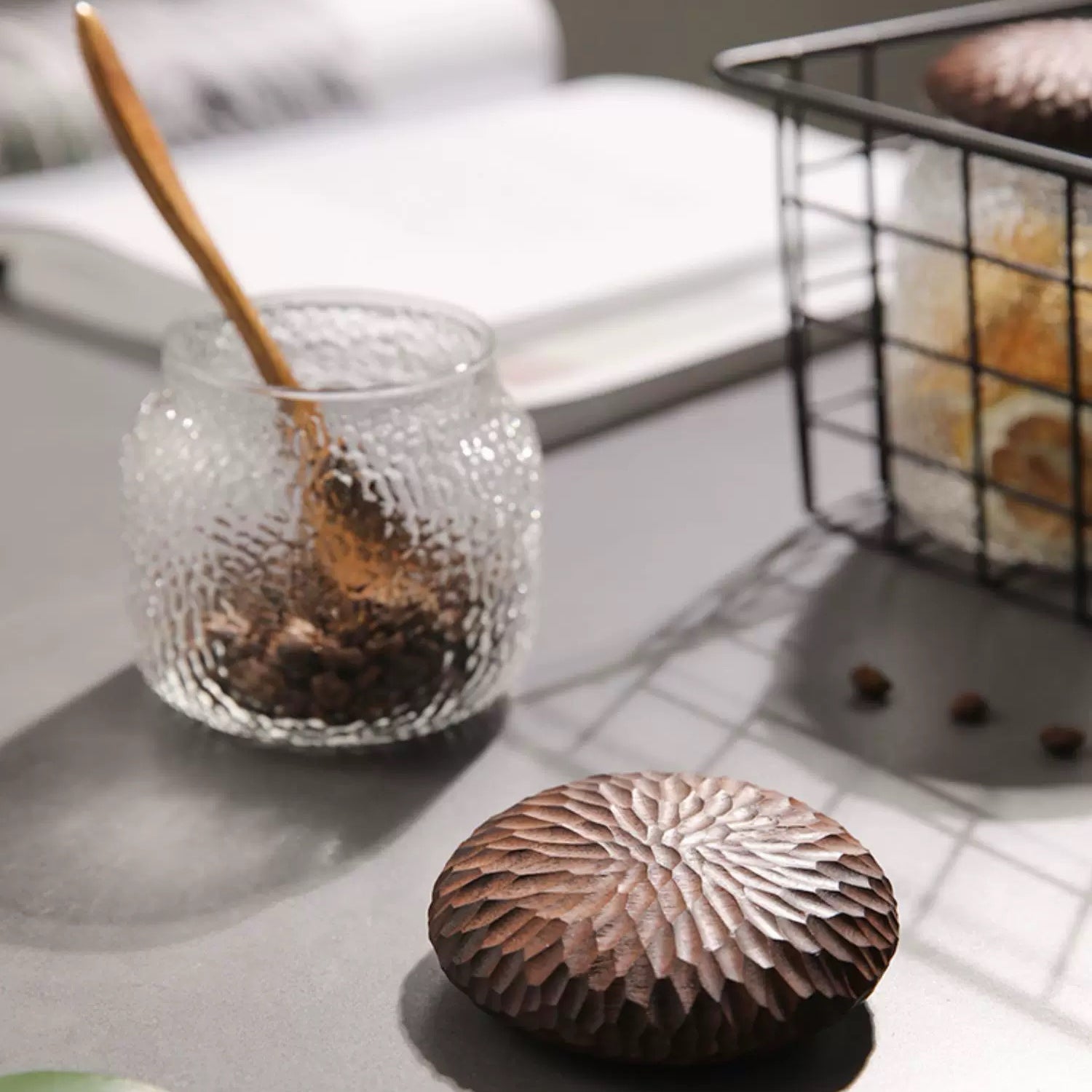 Haven Walnut Glass Coffee Containers with Hammered Seal