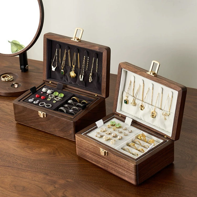 Velvet Walnut Minimalist Two-Layer Jewelry Box