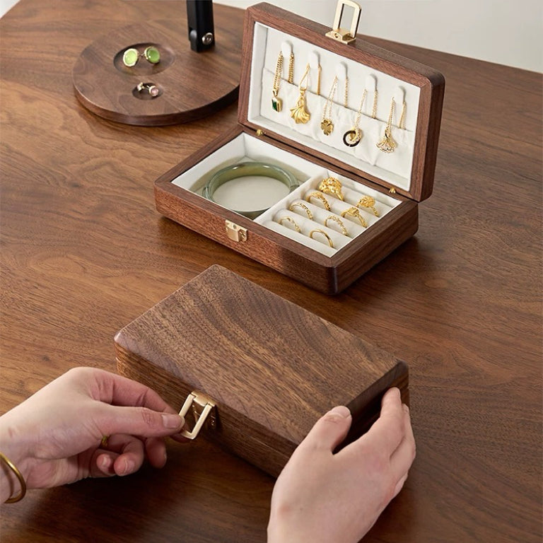 Velvet Walnut Minimalist Two-Layer Jewelry Box