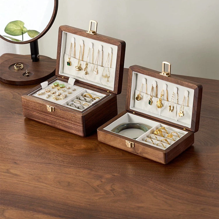 Velvet Walnut Minimalist Two-Layer Jewelry Box