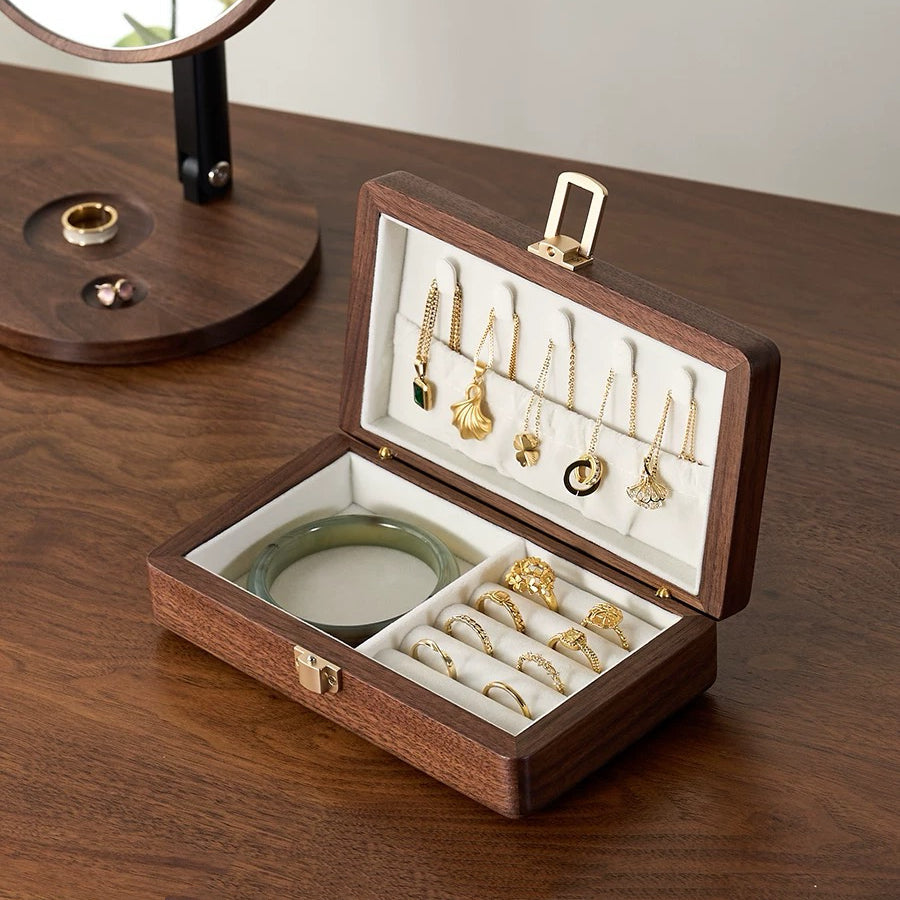 Velvet Walnut Minimalist Two-Layer Jewelry Box