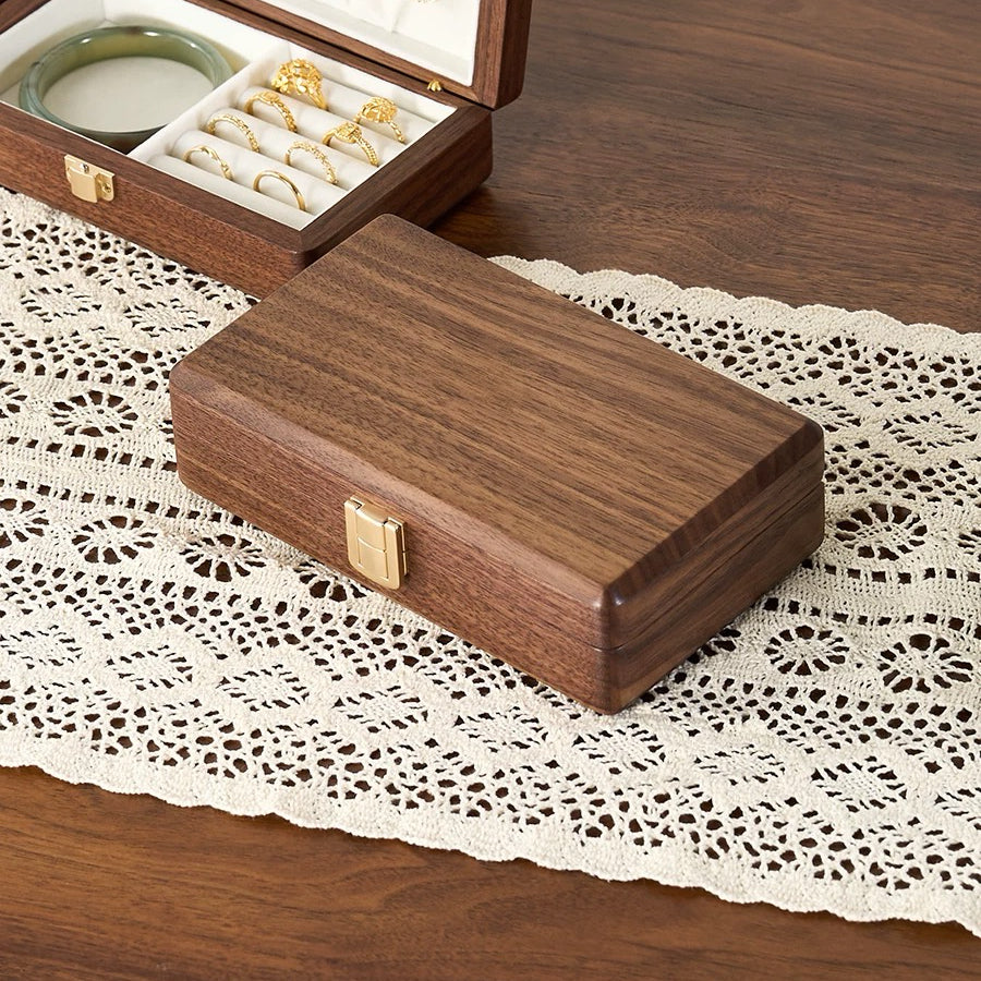 Velvet Walnut Minimalist Two-Layer Jewelry Box