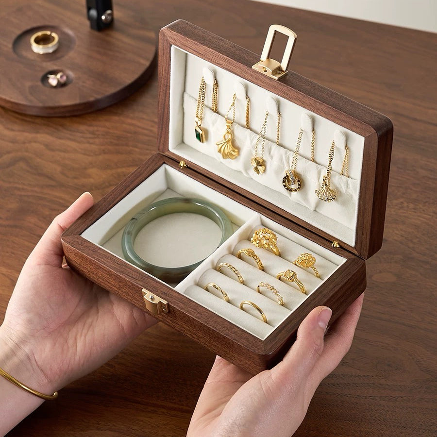 Velvet Walnut Minimalist Two-Layer Jewelry Box