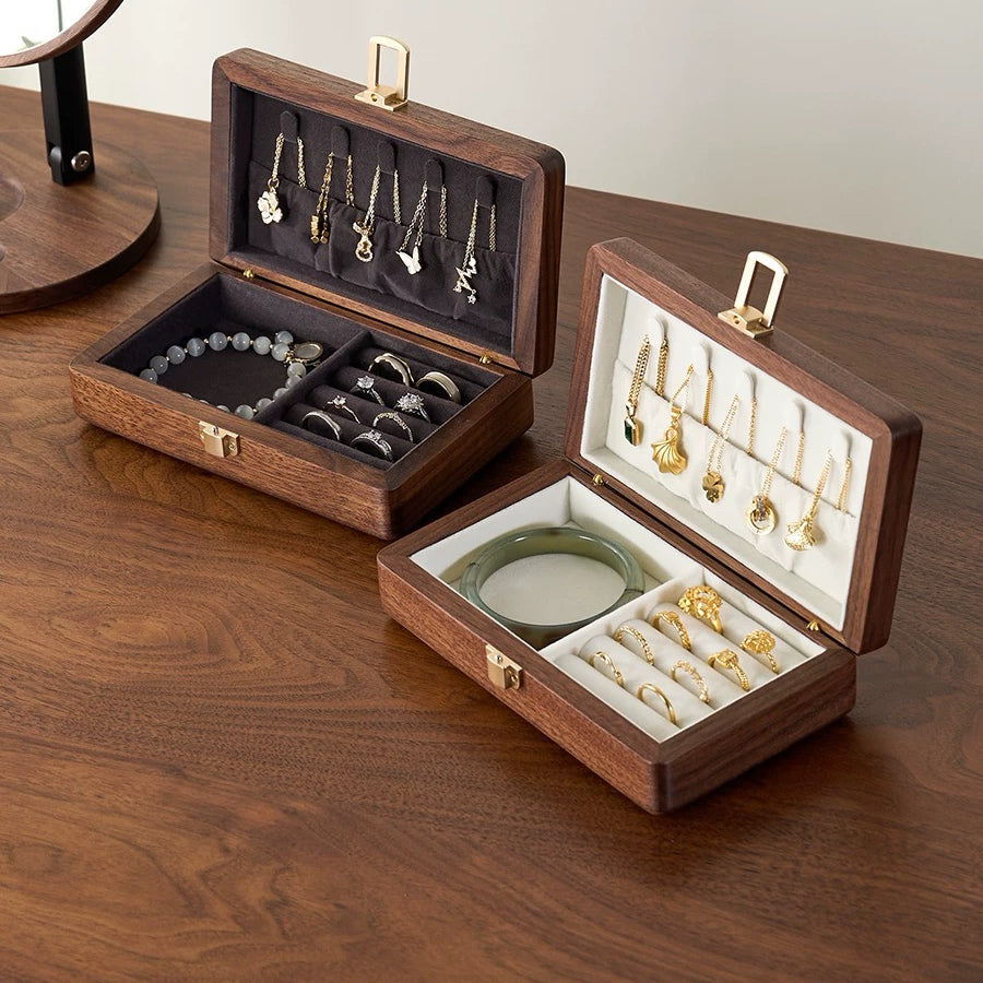 Velvet Walnut Minimalist Two-Layer Jewelry Box