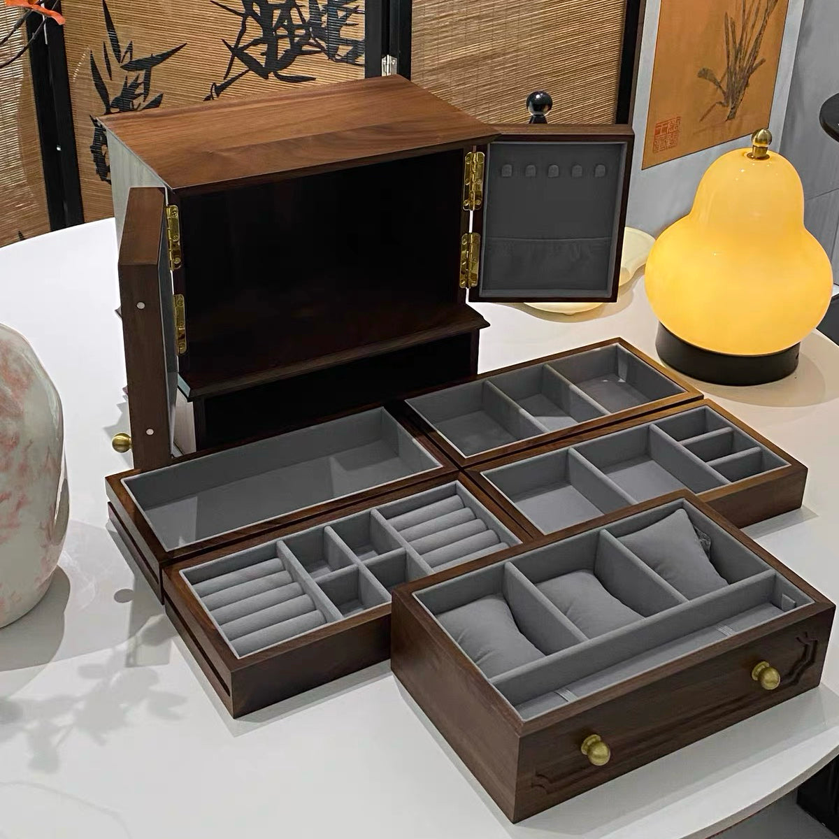 Lustre Solid Walnut Jewelry Storage Cabinet Organizer