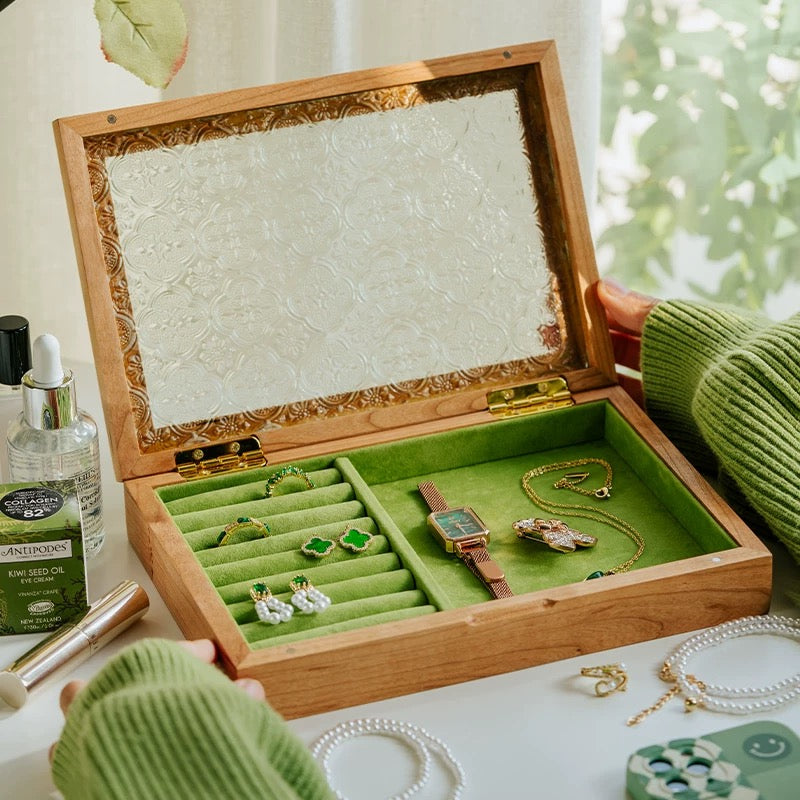 Elowen Solid Wood Jewelry Box with Textured Glass Lid