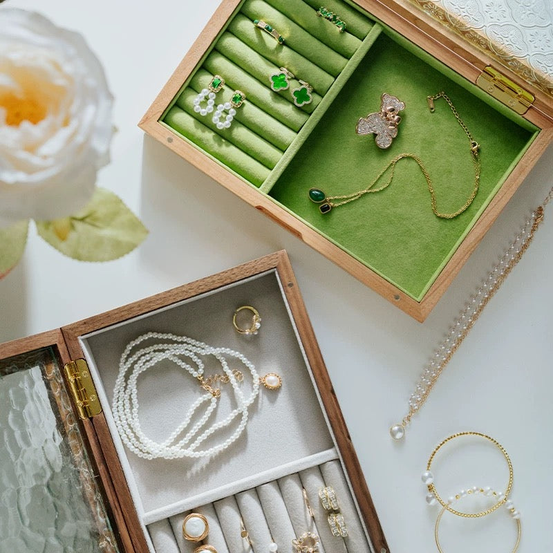 Elowen Solid Wood Jewelry Box with Textured Glass Lid