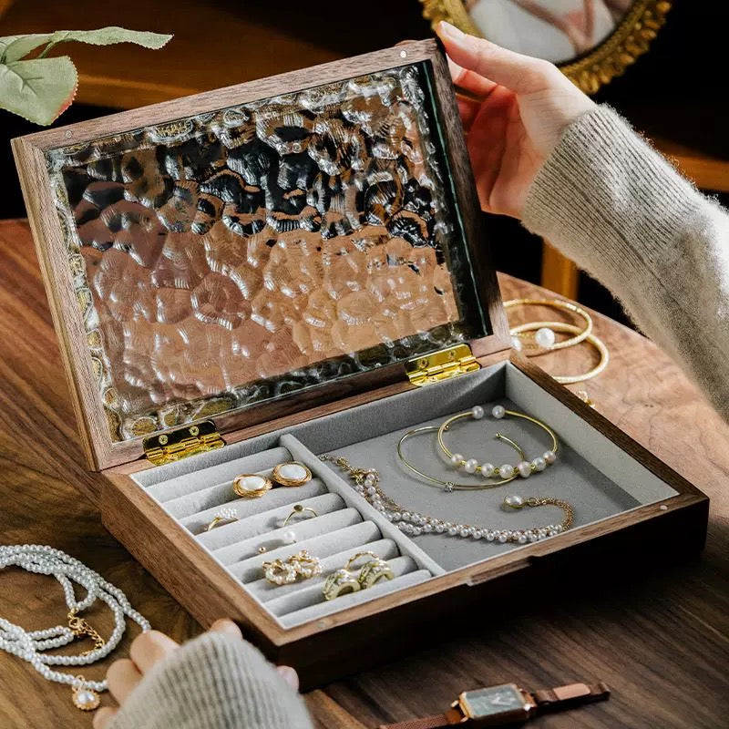 Elowen Solid Wood Jewelry Box with Textured Glass Lid