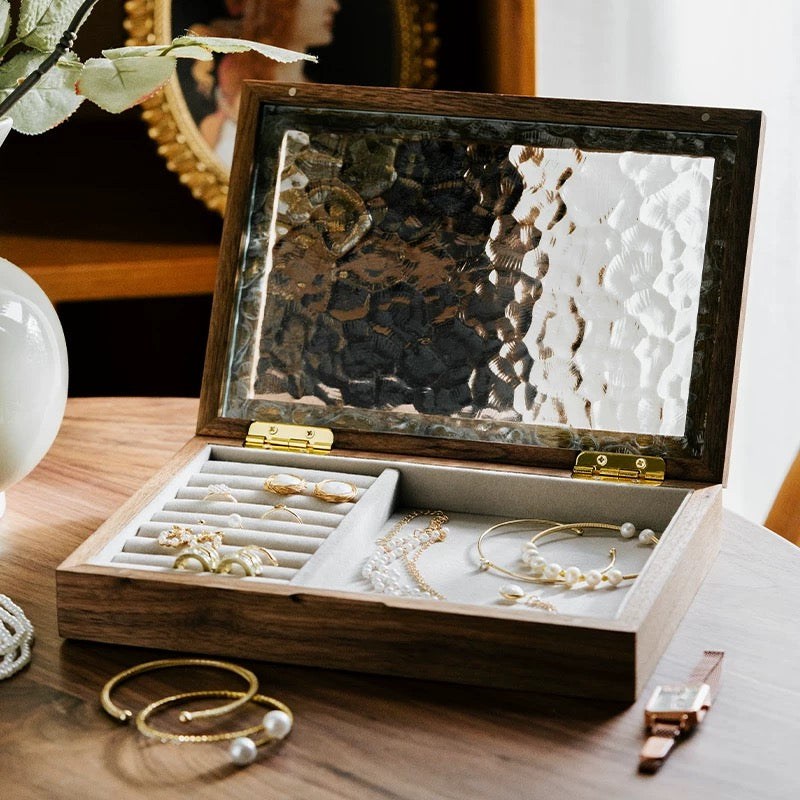 Elowen Solid Wood Jewelry Box with Textured Glass Lid